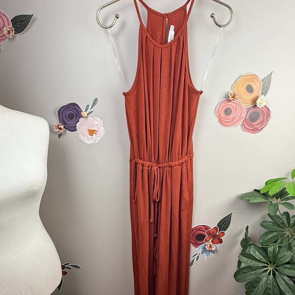 All In Favor Wide Leg Ribbed Halter Jumpsuit - Size - XS